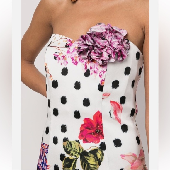 Marchesa Notte Strapless Black Polka Dot Gown Pink Floral - Picture 5 of 16